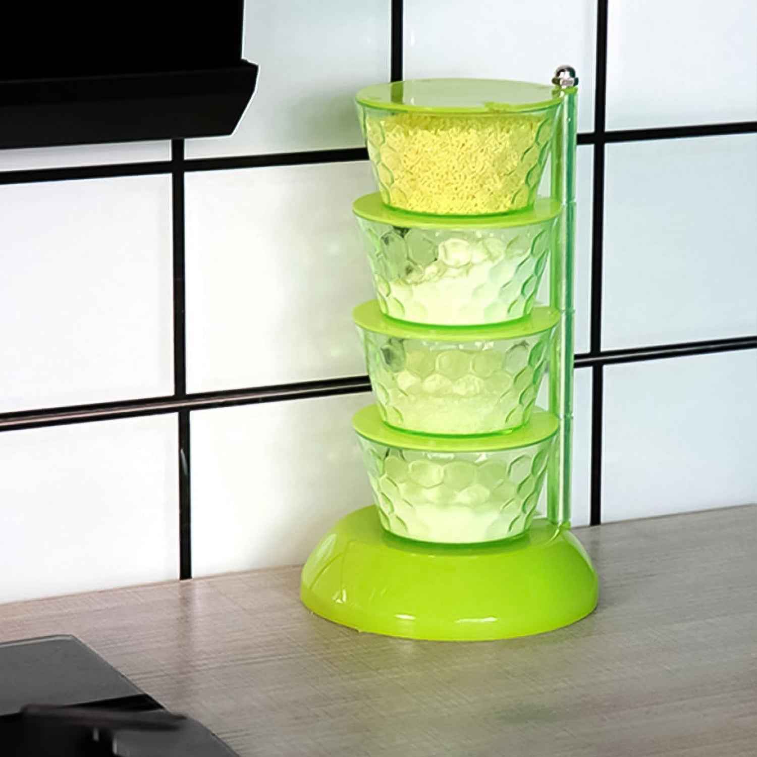 Close-up of the plastic condiment set with sections fanned out for easy access.
