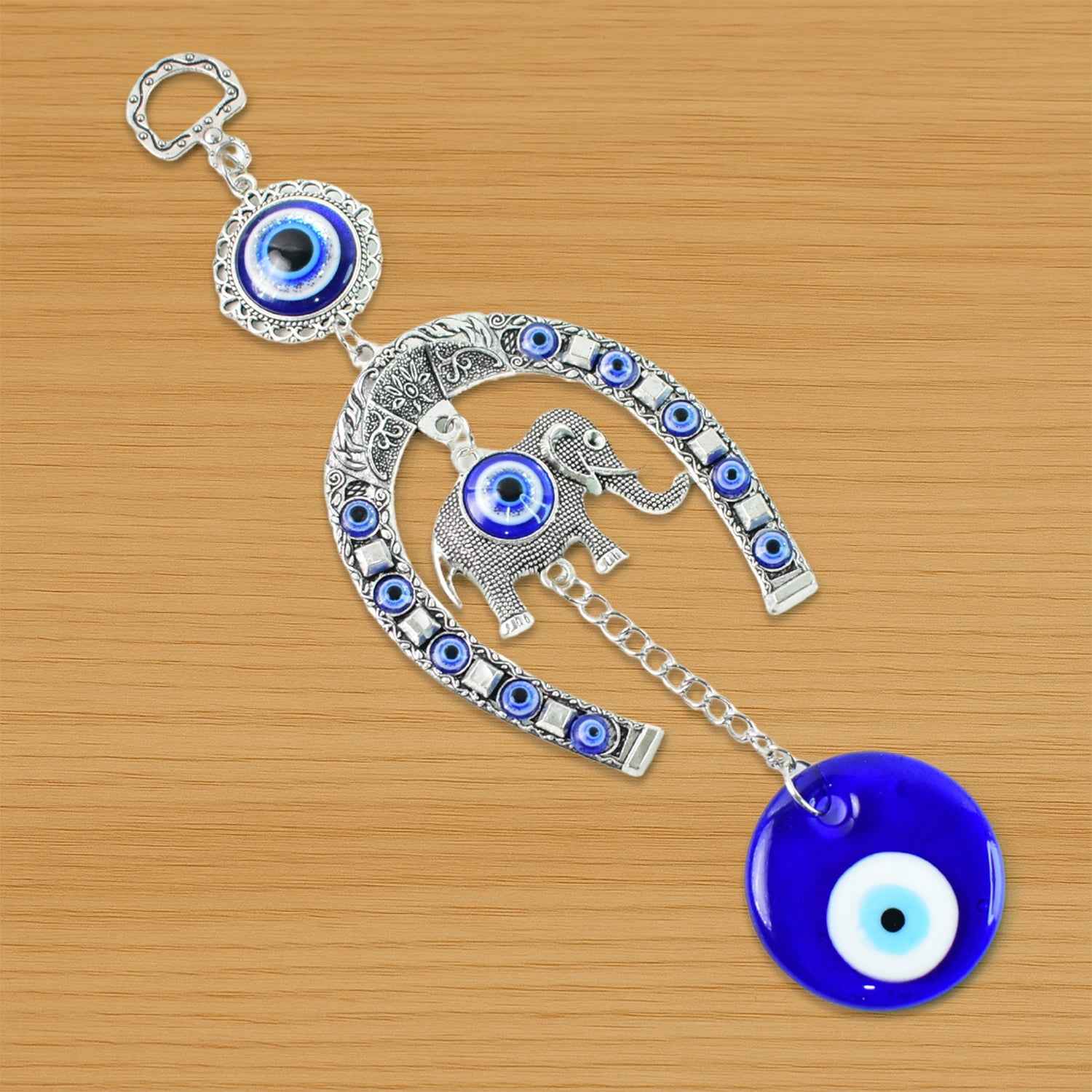 Evil Eye Hanging with Elephant & Horseshoe – Protective Wind Chime