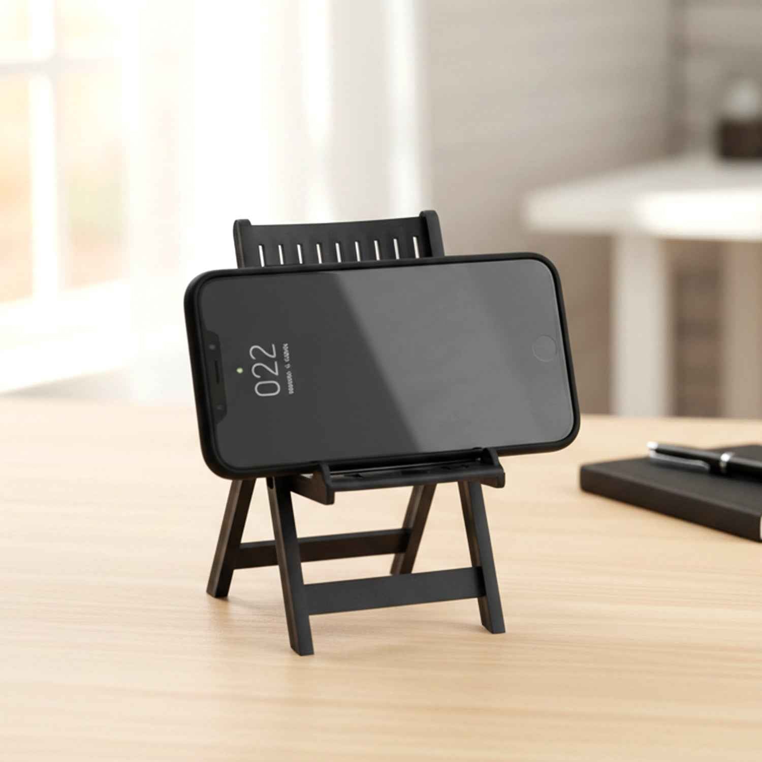 Mini Chair Mobile Stand – Foldable Black Phone Holder for Stable Viewing