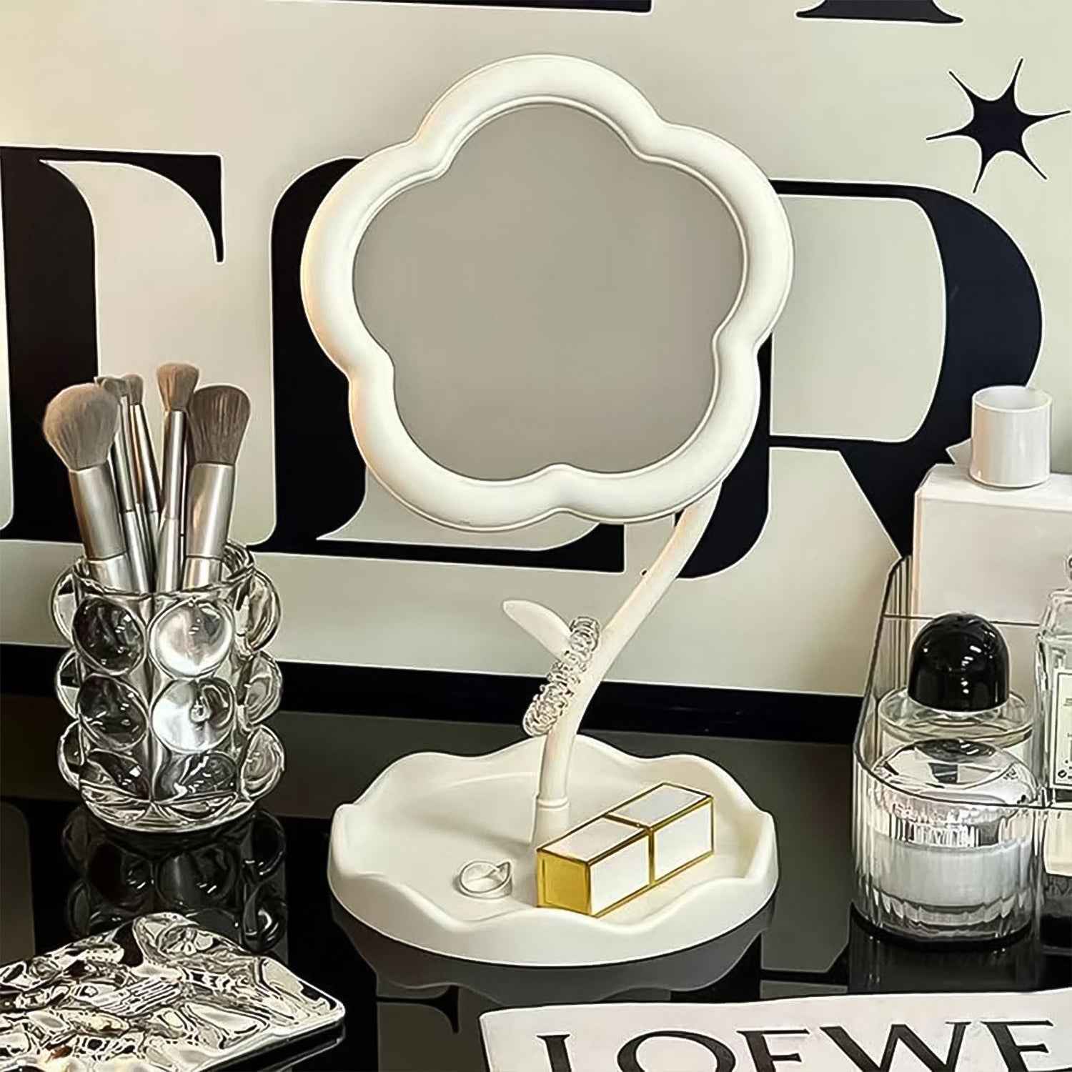Decorative flower-shaped desktop mirror enhancing room beauty and function