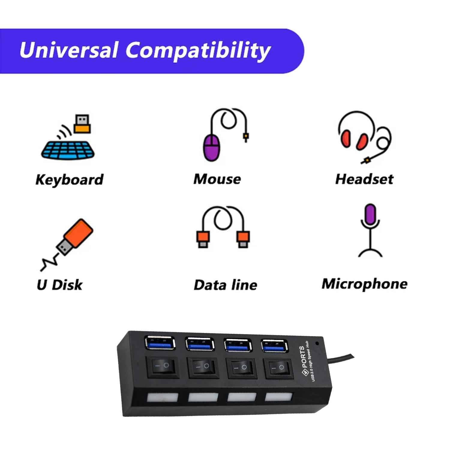 4 Port USB Hub – High-Speed 2.0 Splitter with Switches | Compshop