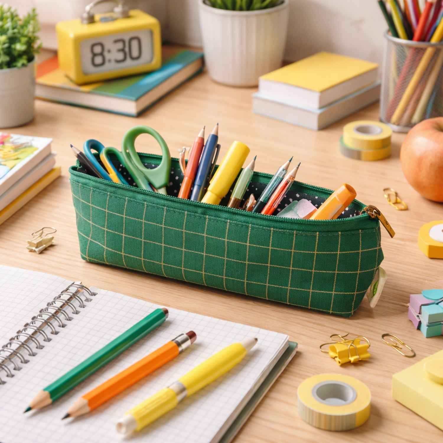 Green Grid Printed Pencil Pouch – Stylish & Compact Organizer
