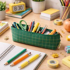 Green Grid Printed Pencil Pouch – Stylish & Compact Organizer