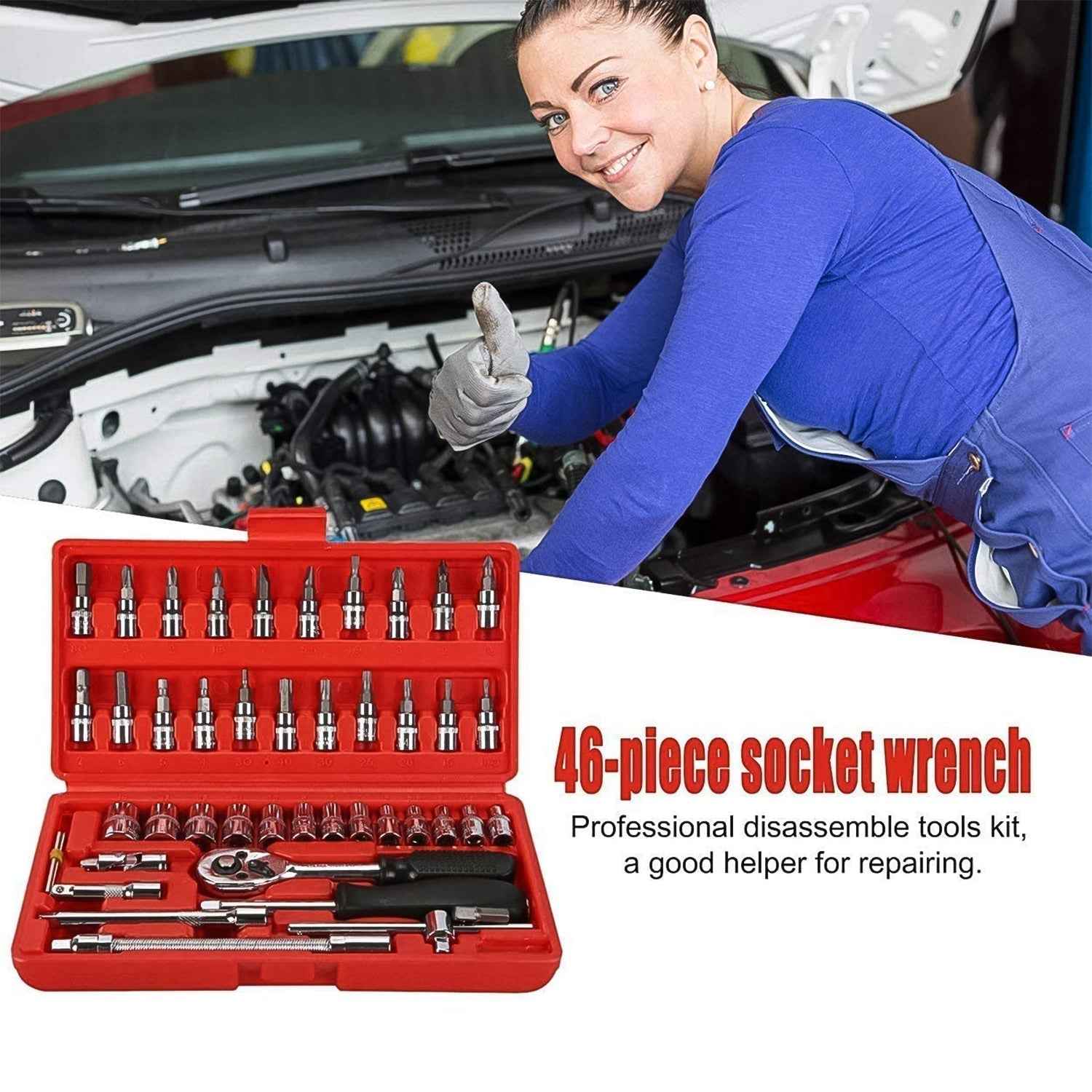 Socket 1/4 Inch Combination Repair Tool Kit – Durable 46-Piece Set