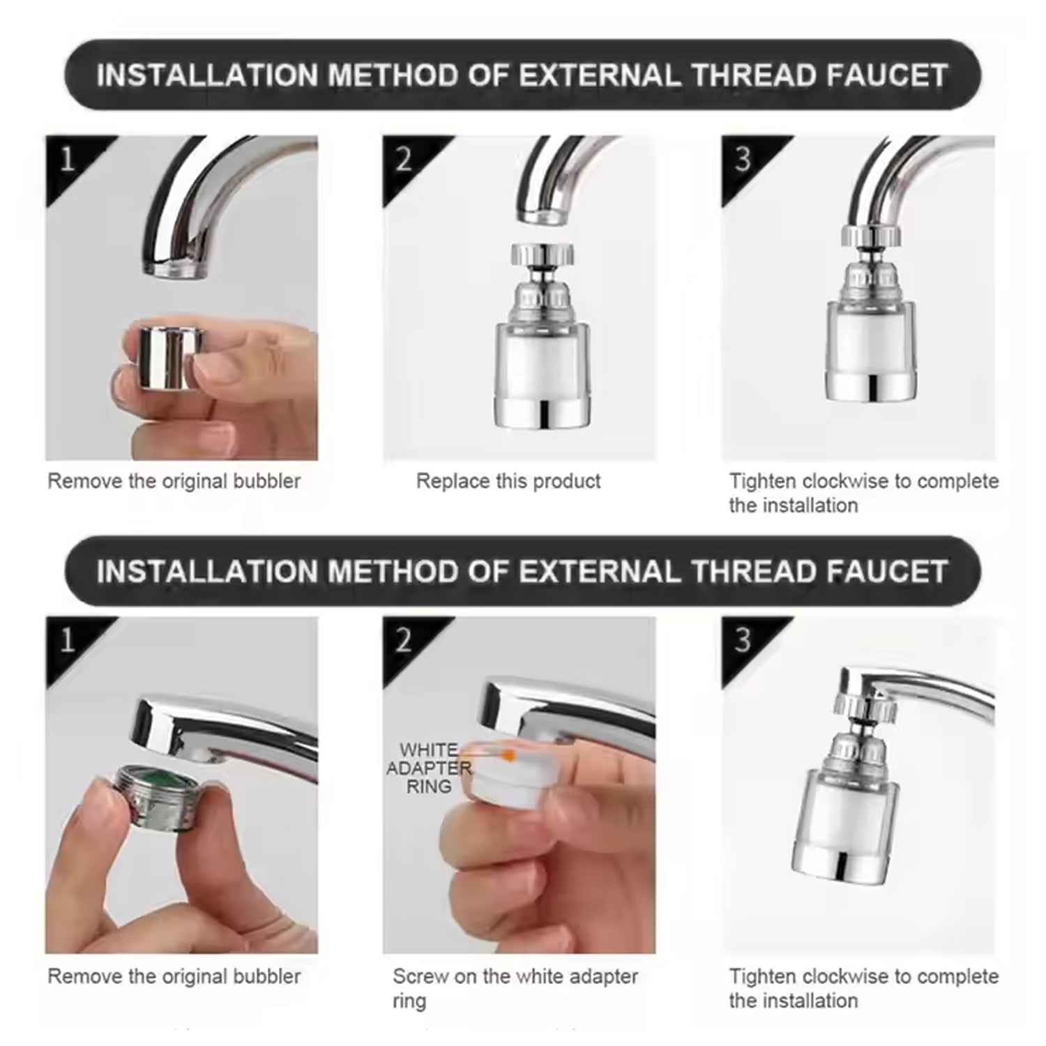 The versatile swivel faucet aerator in a folded position, saving sink space.