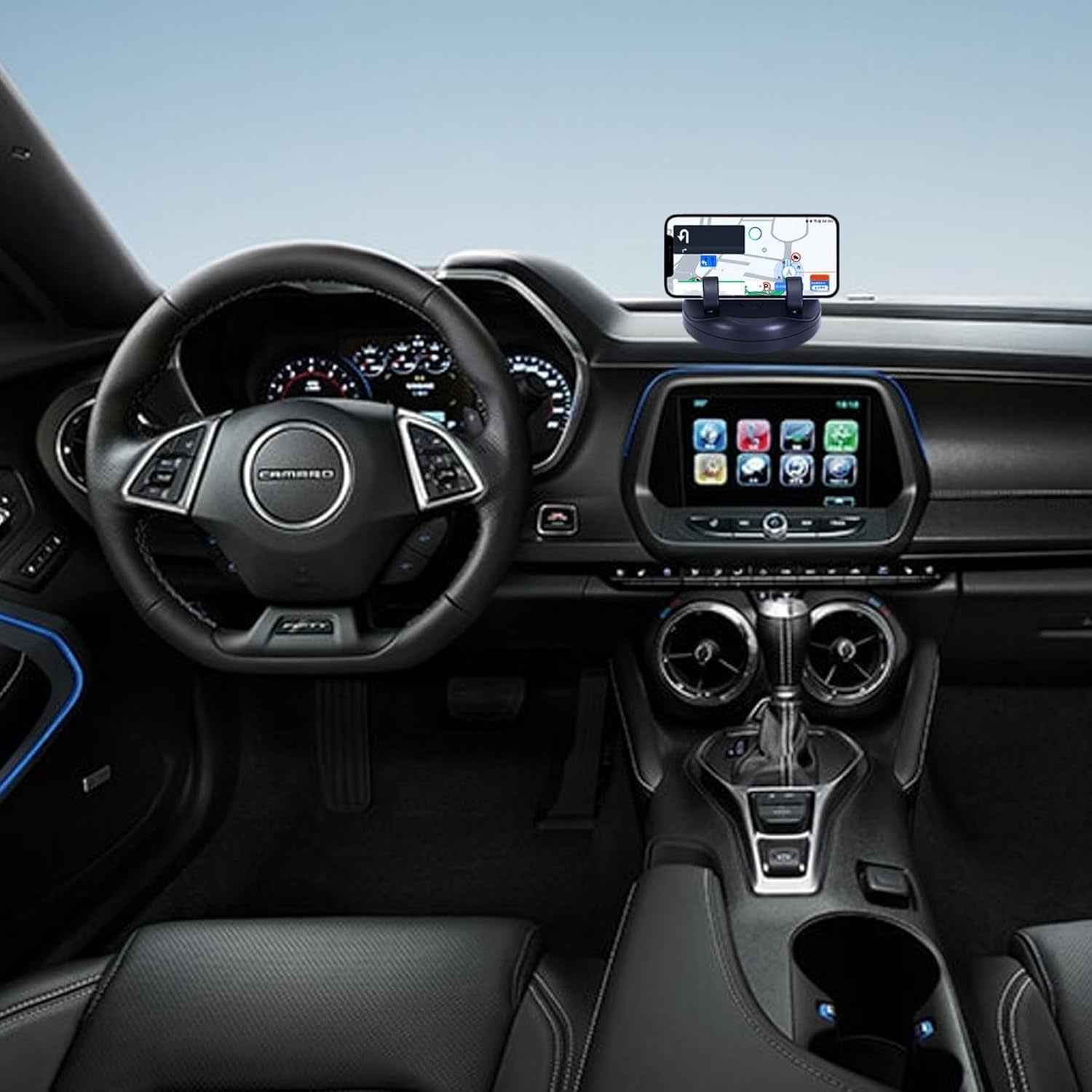 Top-down view of the anti-slip car dashboard mat with integrated phone holder slot.