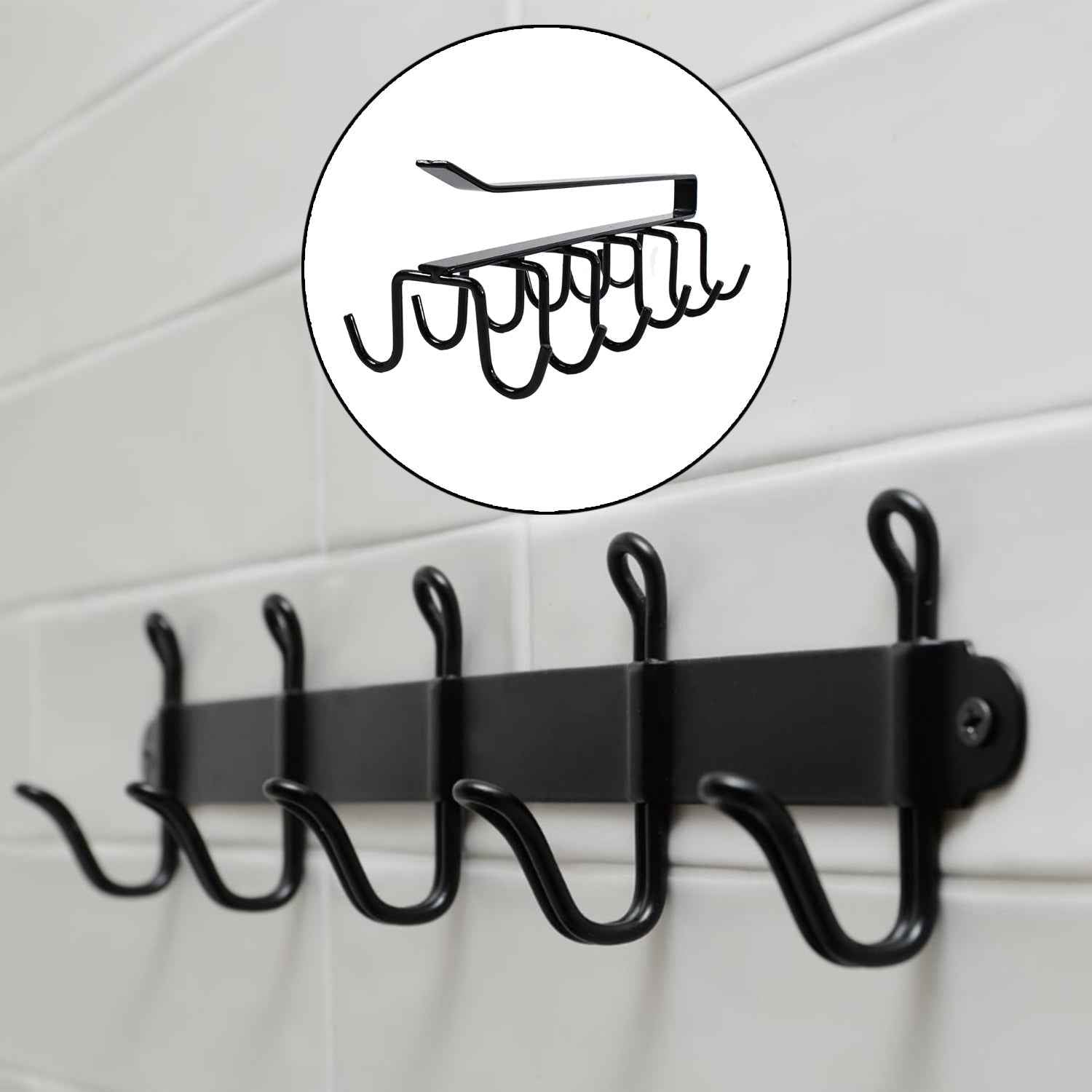 Close-up view of rust-proof iron hooks on the metal cup holder rack.