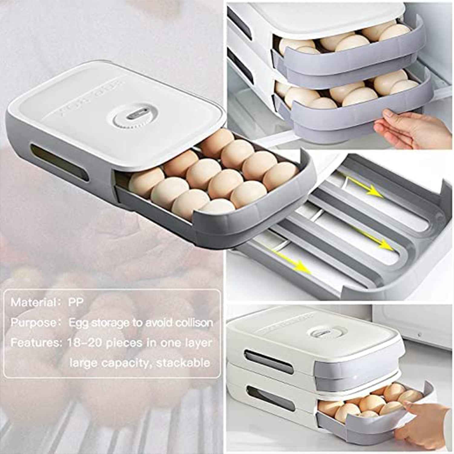 The egg storage box with its drawer partially open, demonstrating smooth operation.