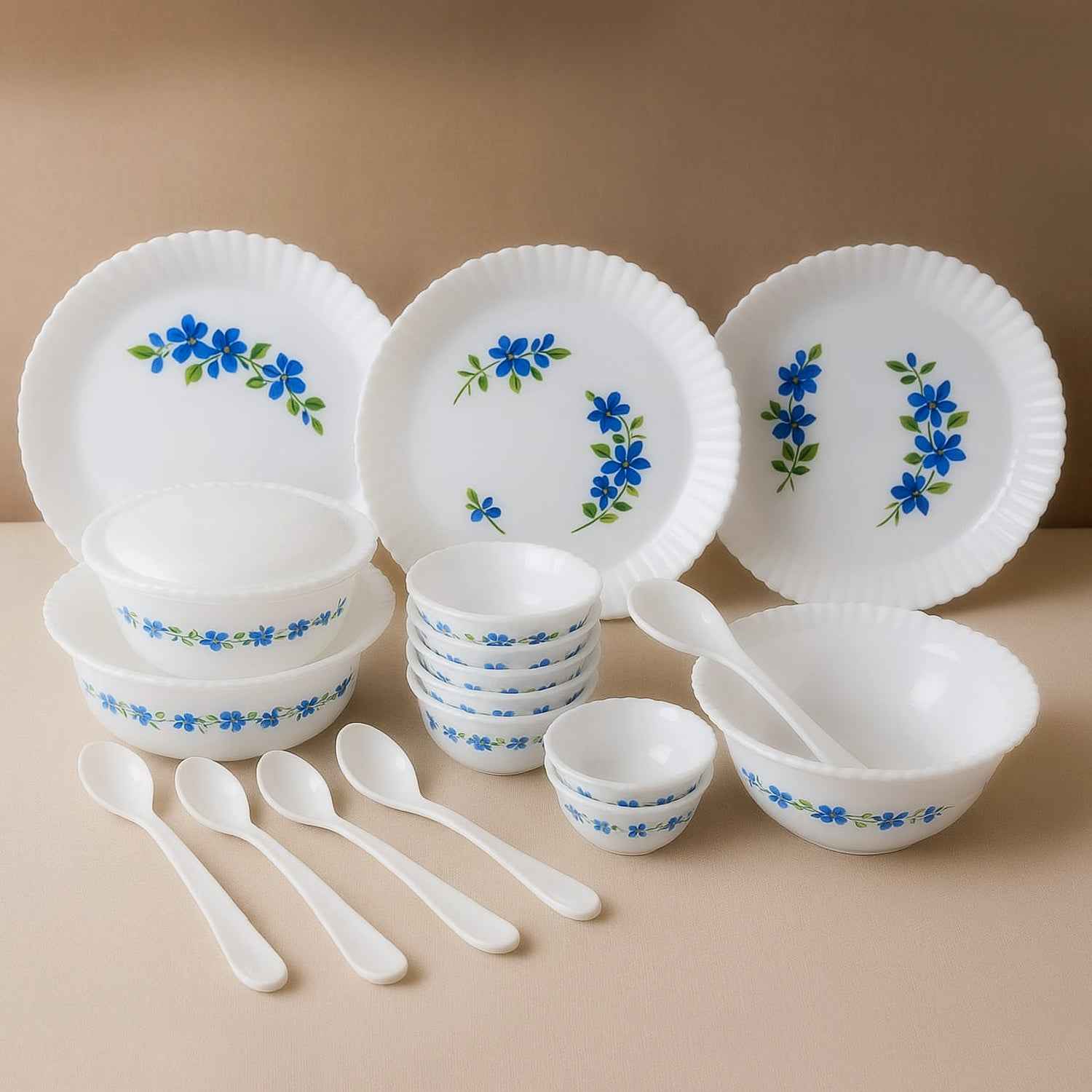 Plastic Dinner Set – Durable 36-Piece Blue Floral Design