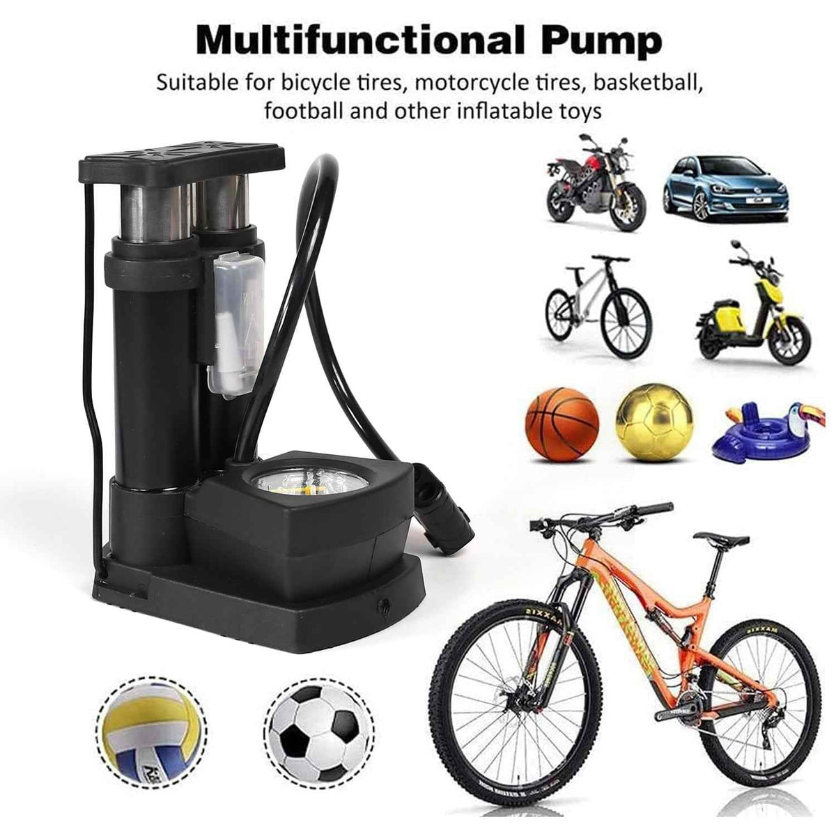 Safora portable mini bike pump with pressure gauge and flexible hose.