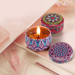 Metal candle jar featuring colorful mandala art design