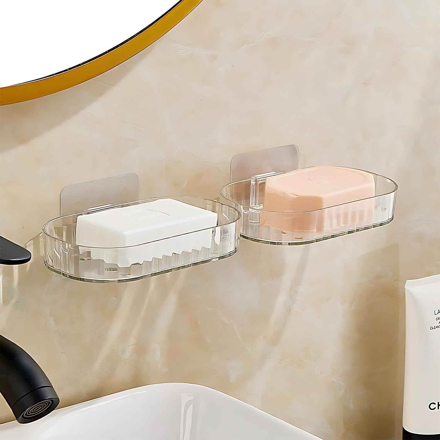 Transparent plastic soap dish case with wall mount adhesive pad