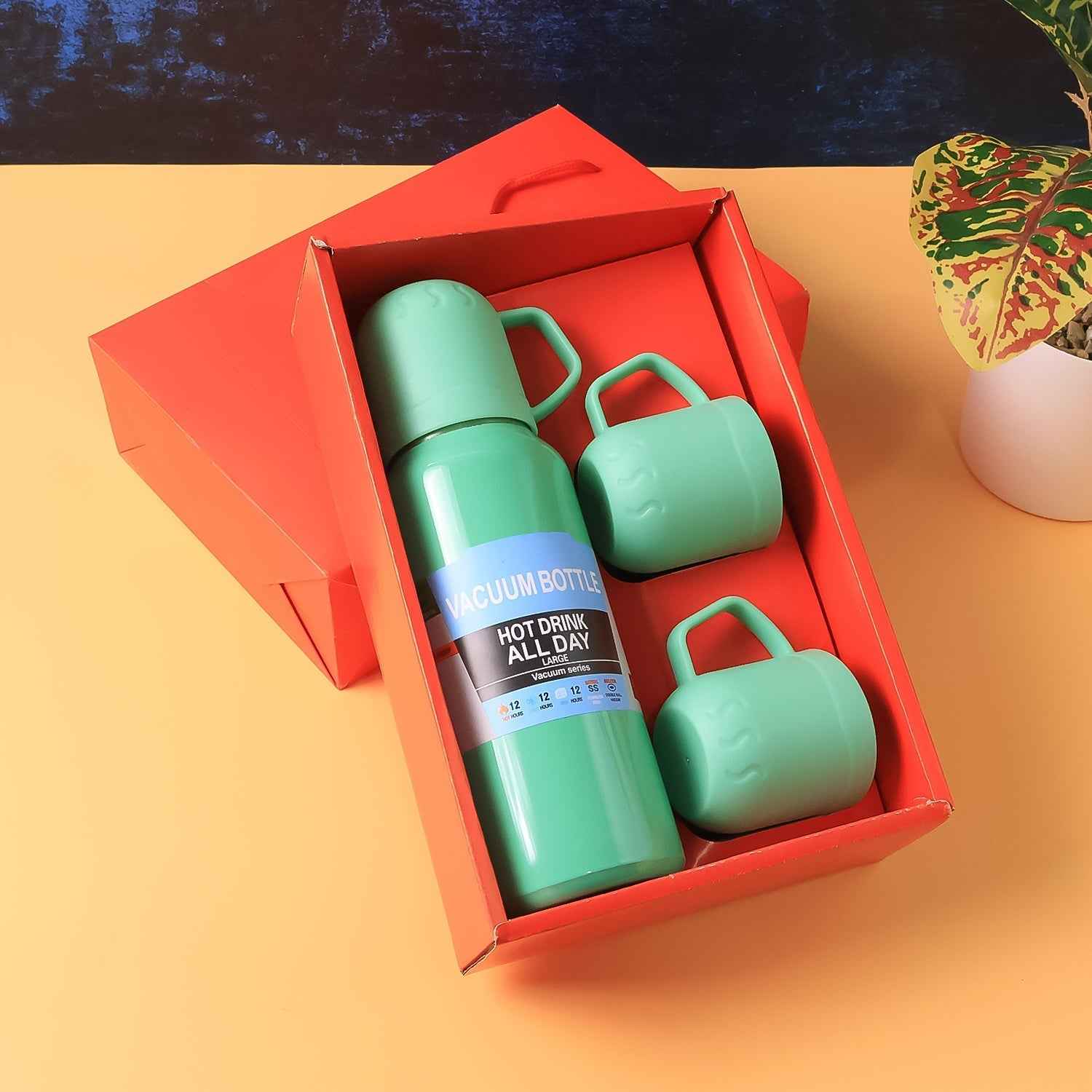 Vacuum Flask Set – Stainless Steel Thermos with 3 Cups, 500ml