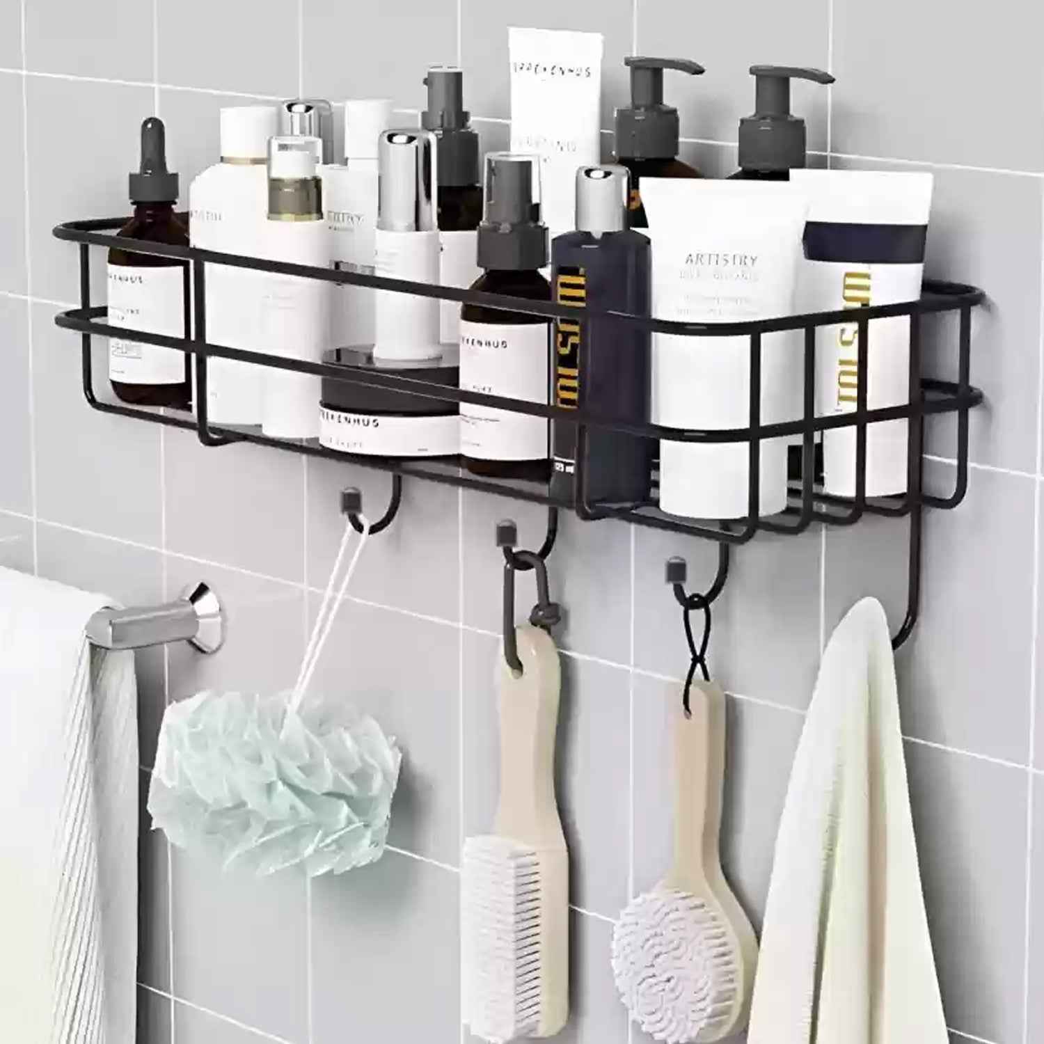 Close-up view of the iron frame of the shower shelf rack
