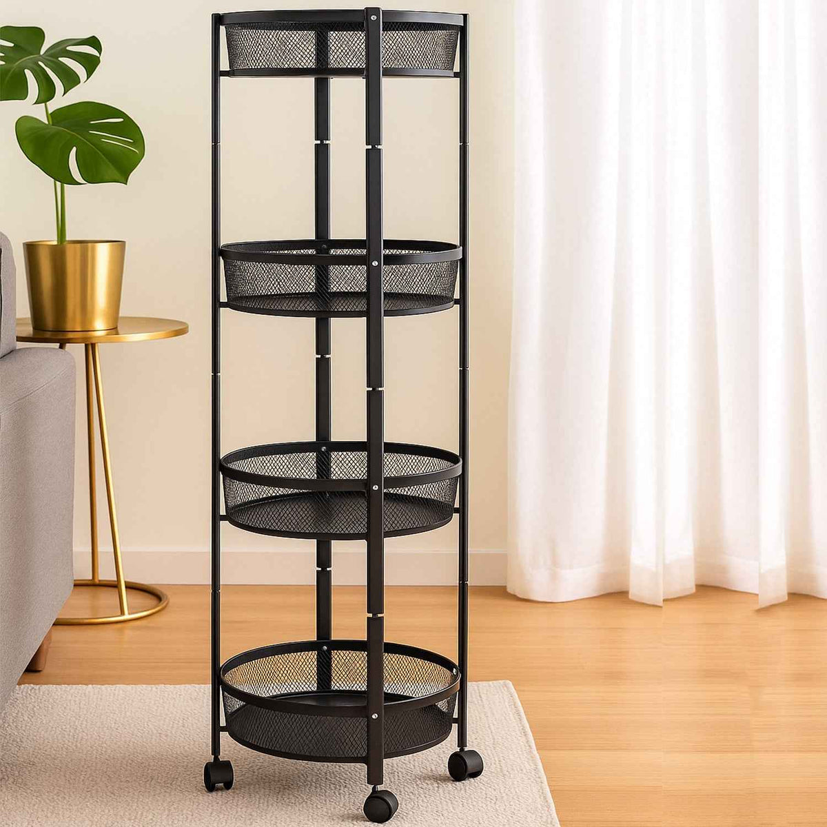 4-Layer Round Metal Mesh Storage Trolley with Wheels