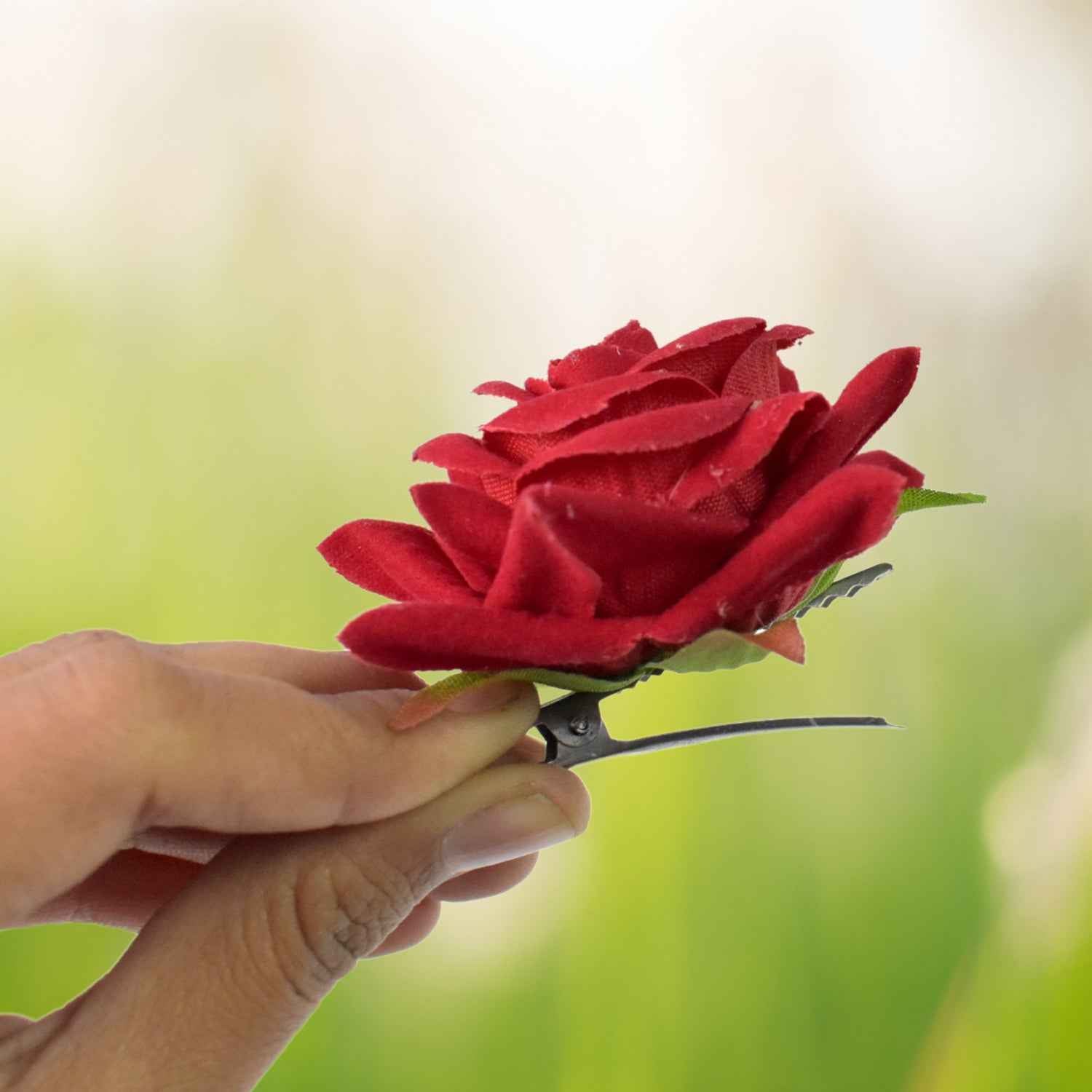 Velvet Rose Hair Clip – Red Flower Design (12 Pcs) | Calm & Curl