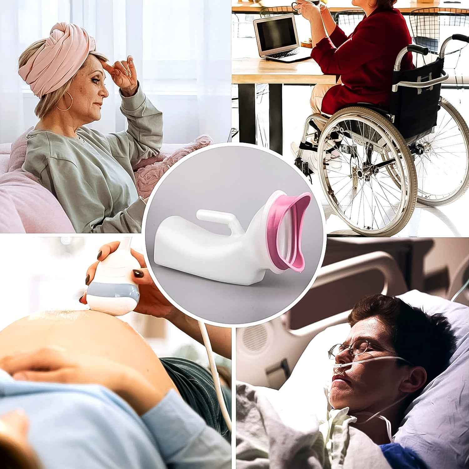 Female urinal can in a travel setting, highlighting its portability for long journeys.