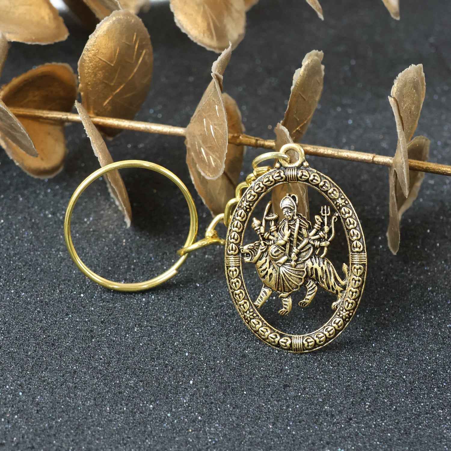 Maa Durga Golden Oval Frame Keychain – Spiritual Protection