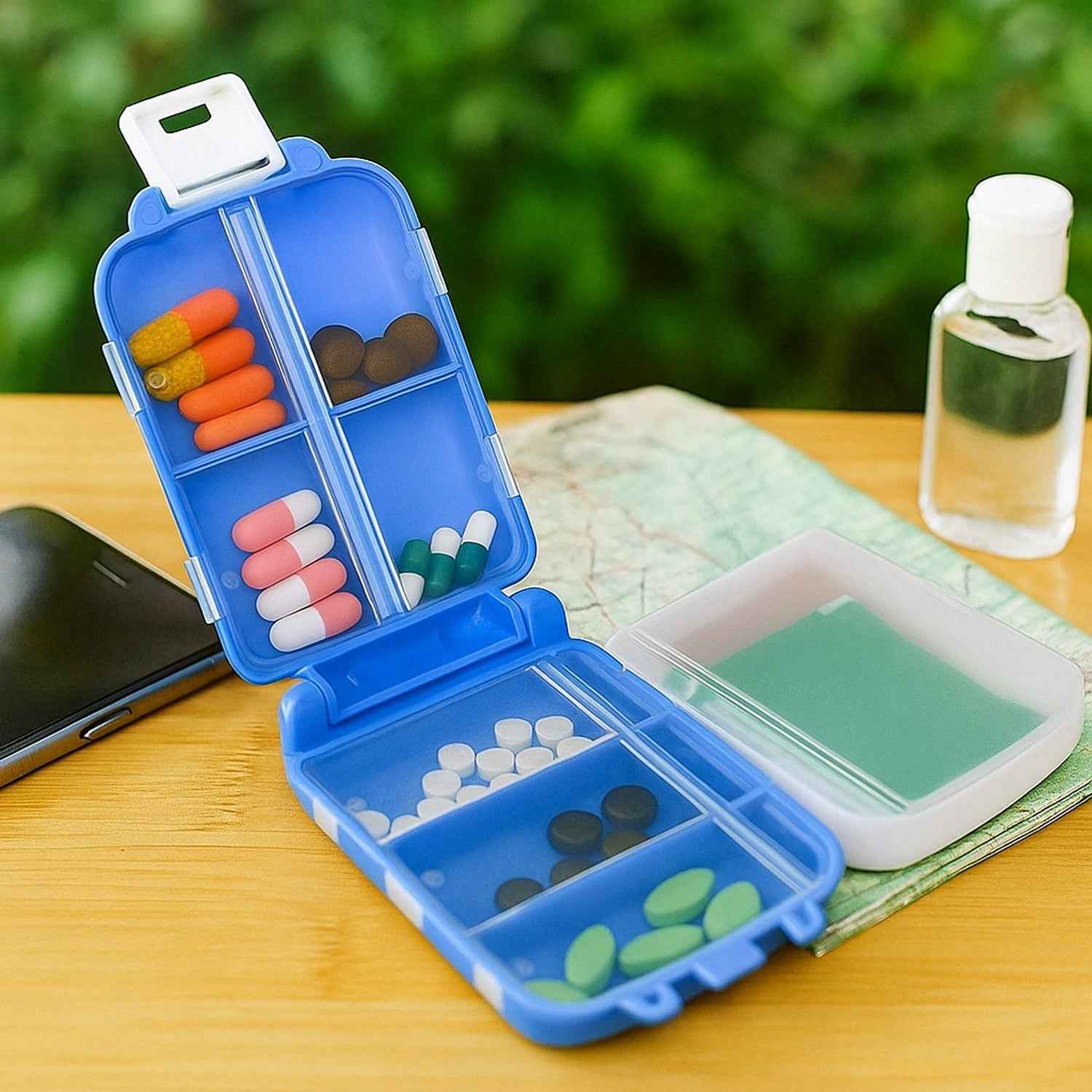 Dual-Sided Pill Organizer Box – Portable 8-Compartment Medicine Case