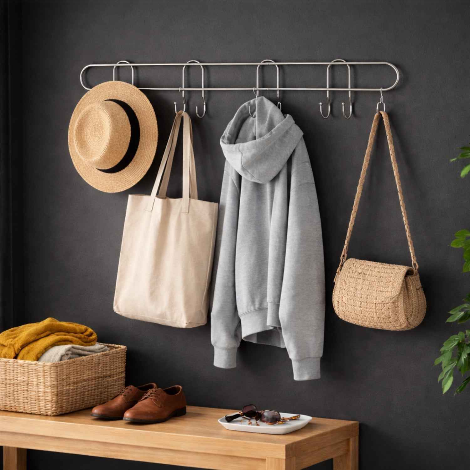 Heavy Duty Wall Mounted Hook Rack – Durable Stainless Steel Organizer