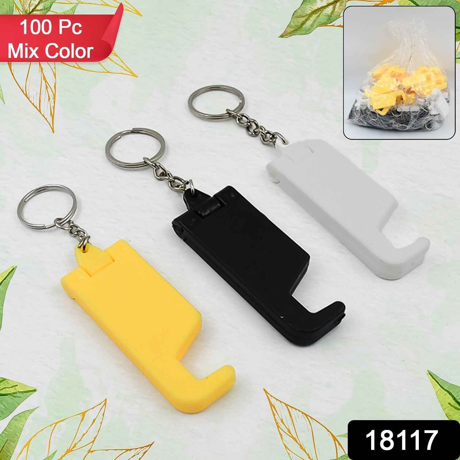 Close-up of a plastic keychain mobile stand in action, holding a smartphone.