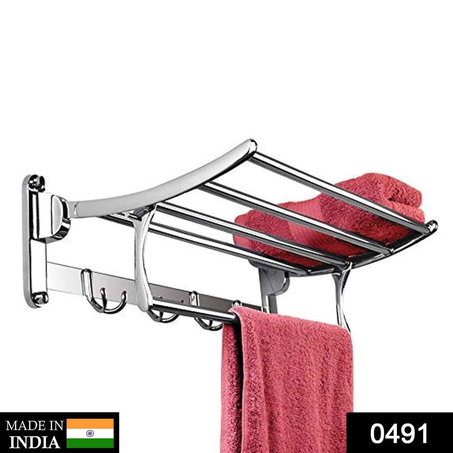 Close-up of the durable stainless steel construction of the folding towel rack.