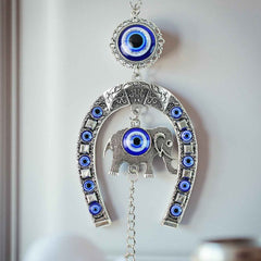 Evil Eye Hanging with Elephant & Horseshoe – Protective Wind Chime