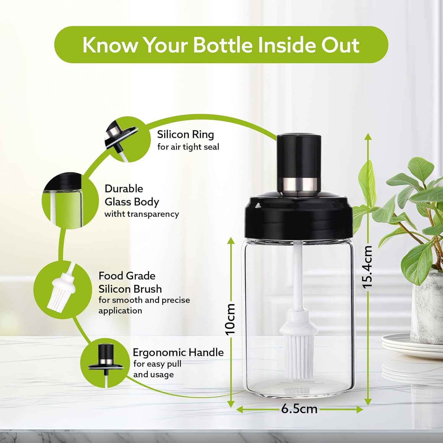 Glass Oil Dispenser Bottle with Silicone Basting Brush – Precise 250ml