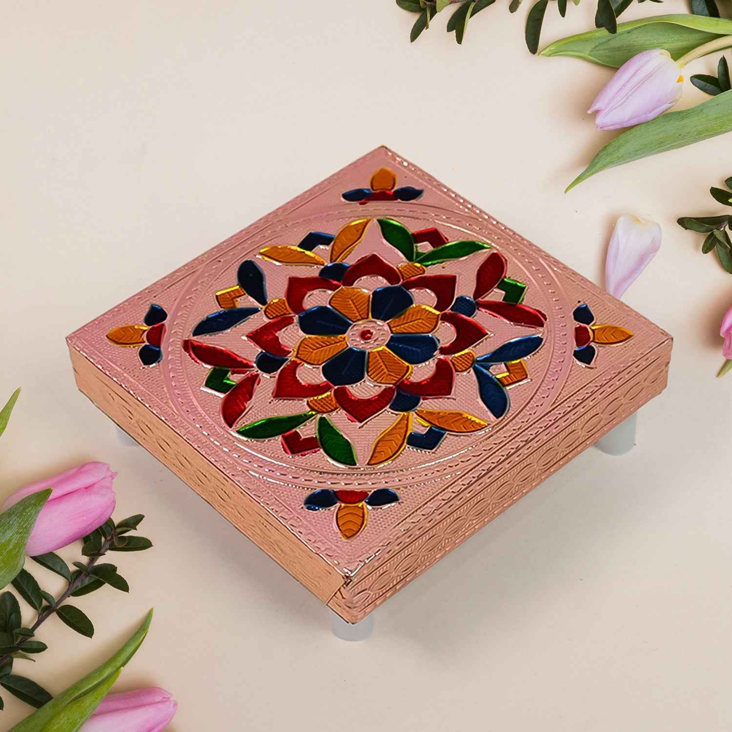 Meenakari Puja Chowki – Handcrafted Wooden Bajot Set | VoltDesk