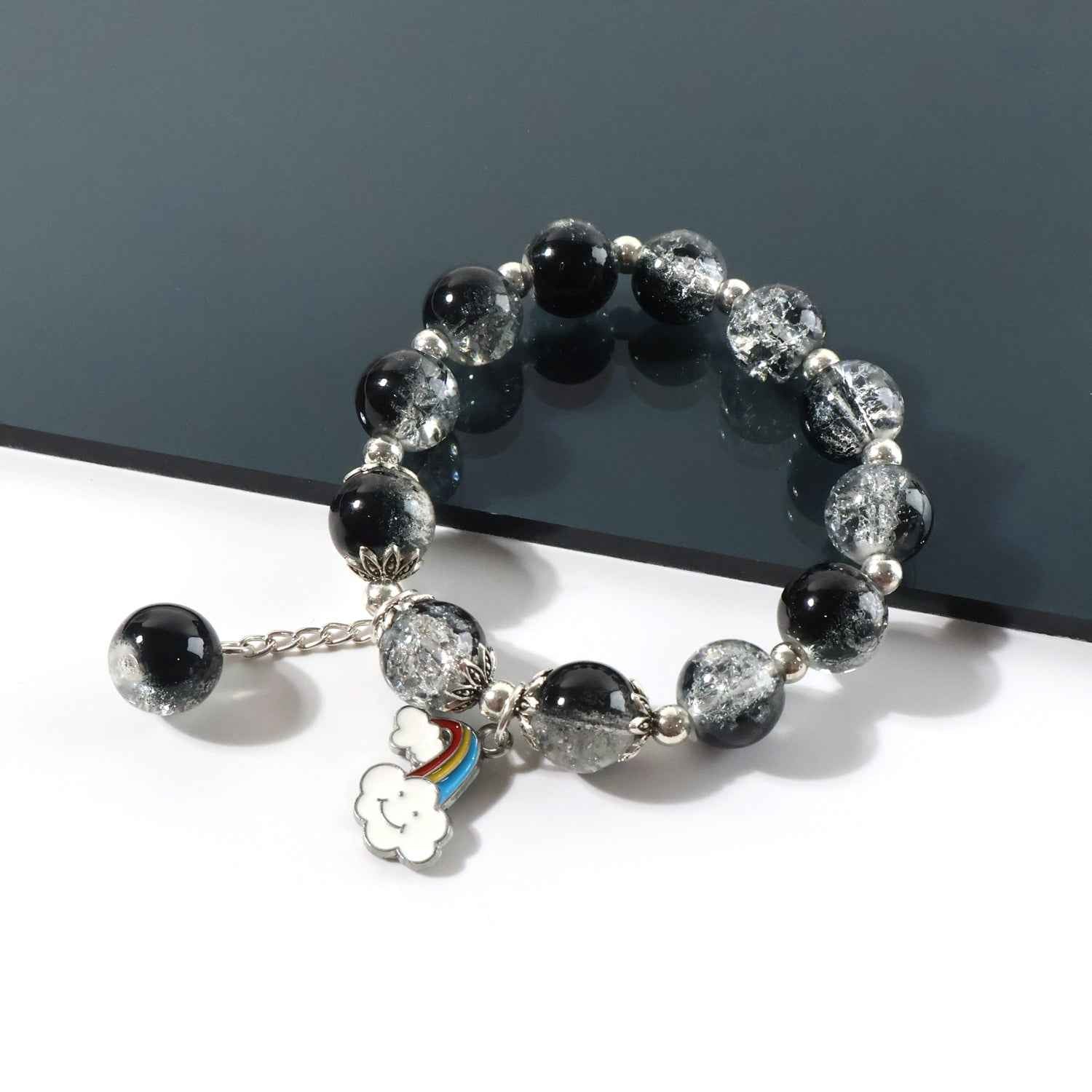 Black Crystal Beaded Charm Bracelet – Stylish Stretchable Wristwear