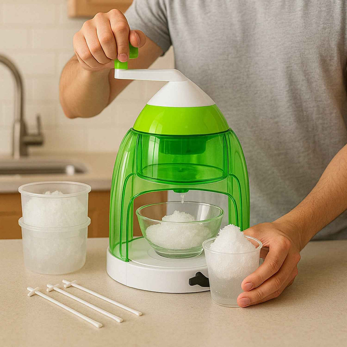 Manual ice crusher with hand crank and party accessories making crushed ice
