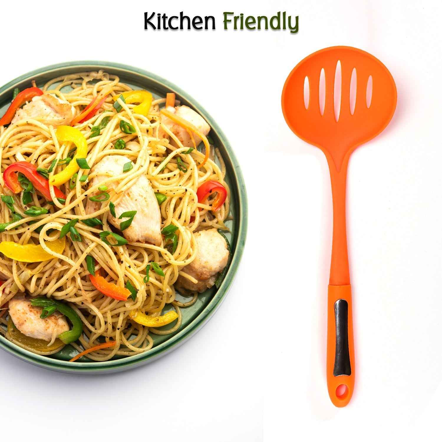 Close-up of the durable nylon cooking shovel showing its colander functionality.