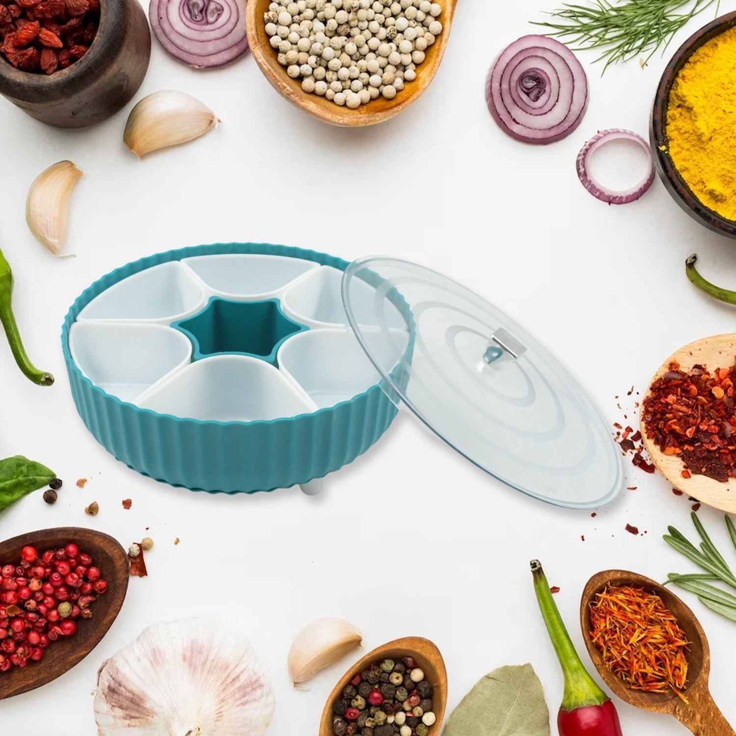 Revolving Dry Fruit Box – 7-Compartment Snack & Spice Organizer | Tidy Table