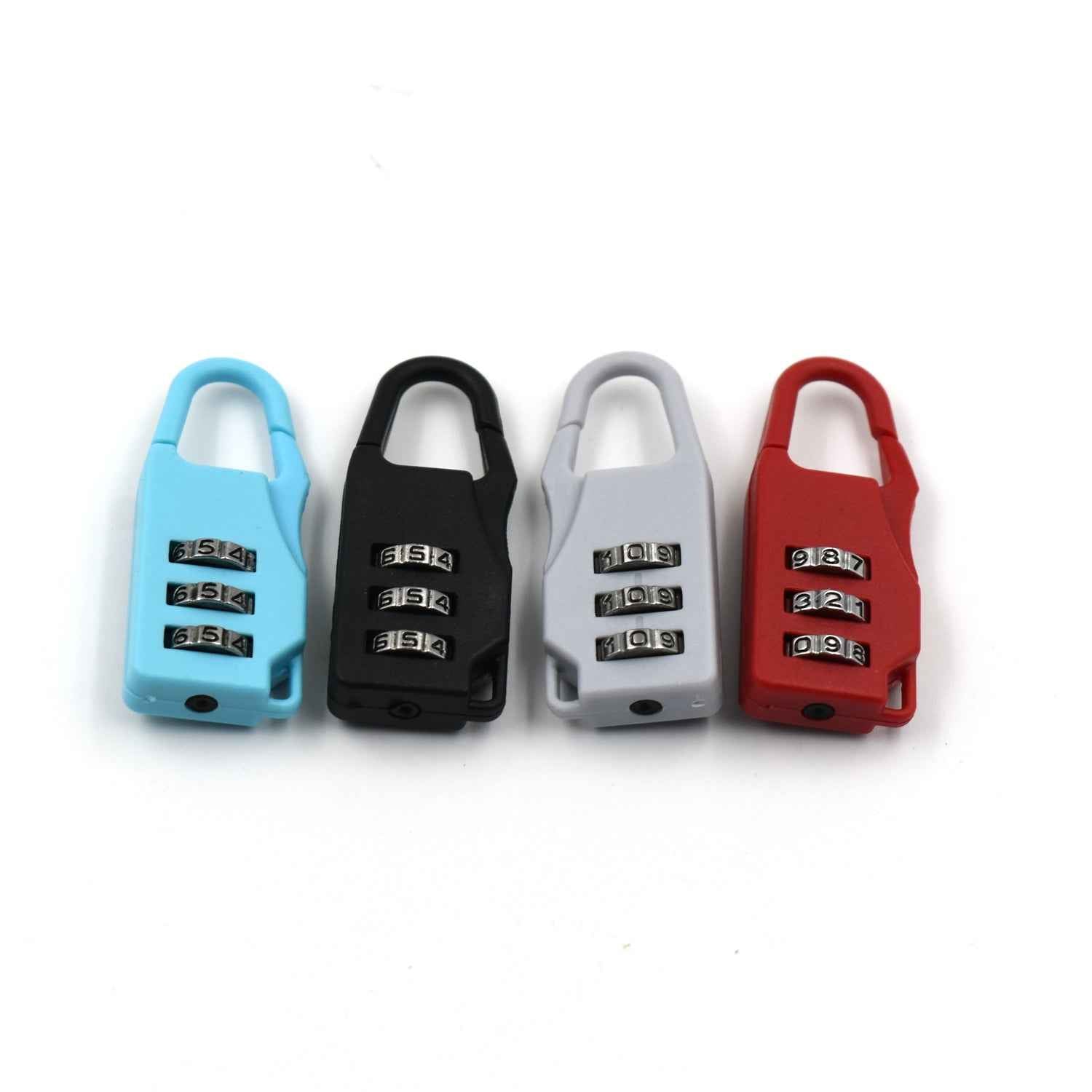 The compact 3-digit travel lock displayed next to a travel bag.