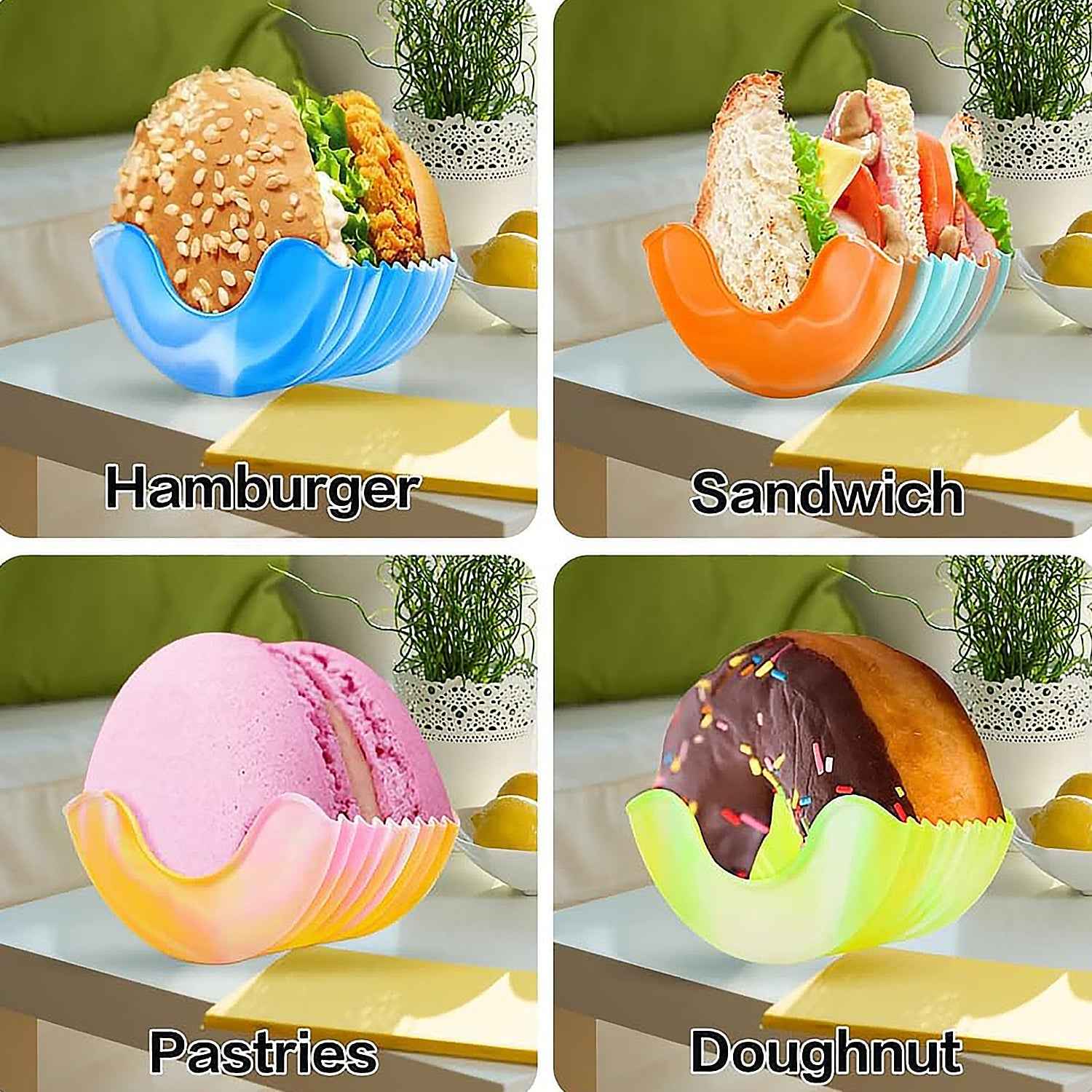 Flexible food-grade silicone burger holder demonstrated for easy use.