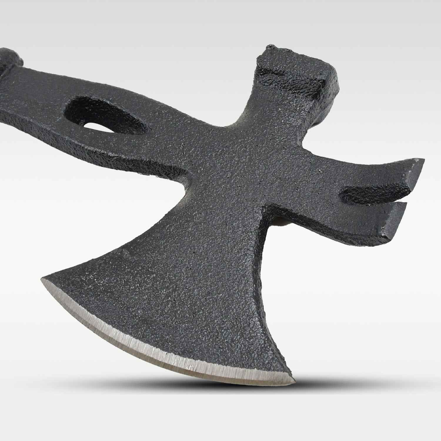 Close-up of the axe head showing integrated nail puller and hammer features.