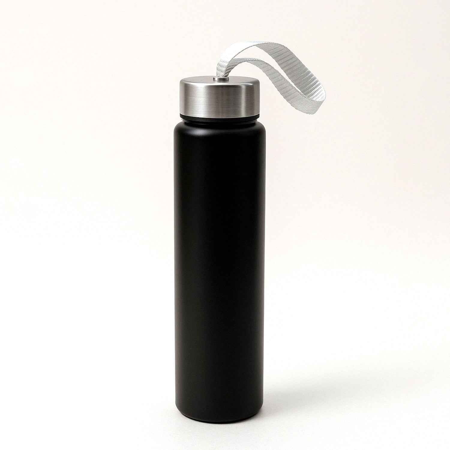 Lightweight stainless steel water bottle with attached strap for portability