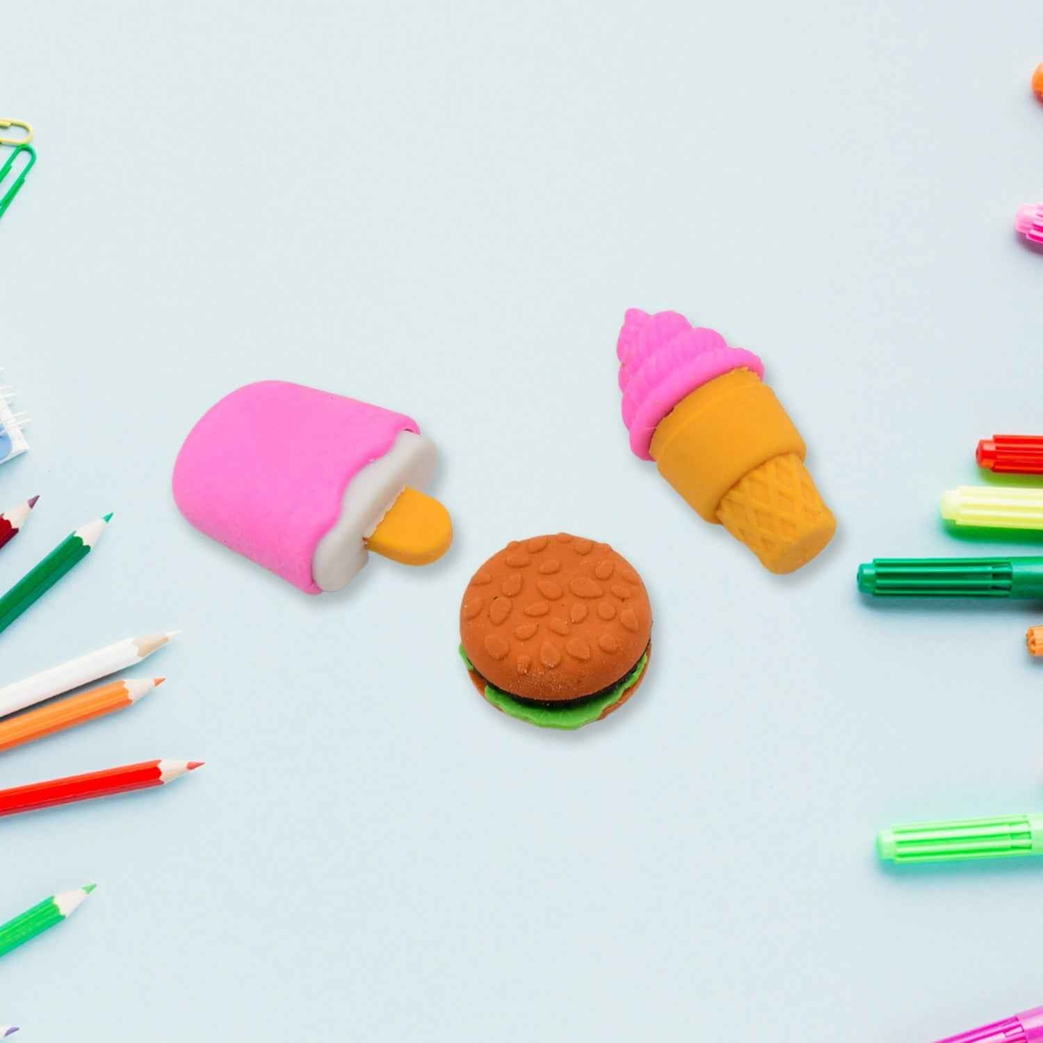 A collection of brightly coloured and uniquely shaped erasers for school children.