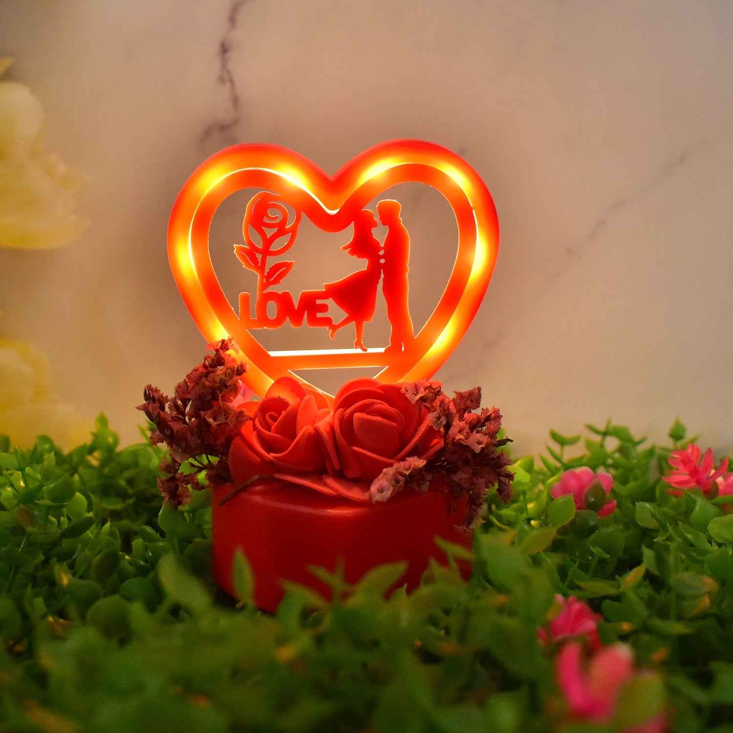 Heart-Shaped Love Couple Decorative Showpiece with Rose Base