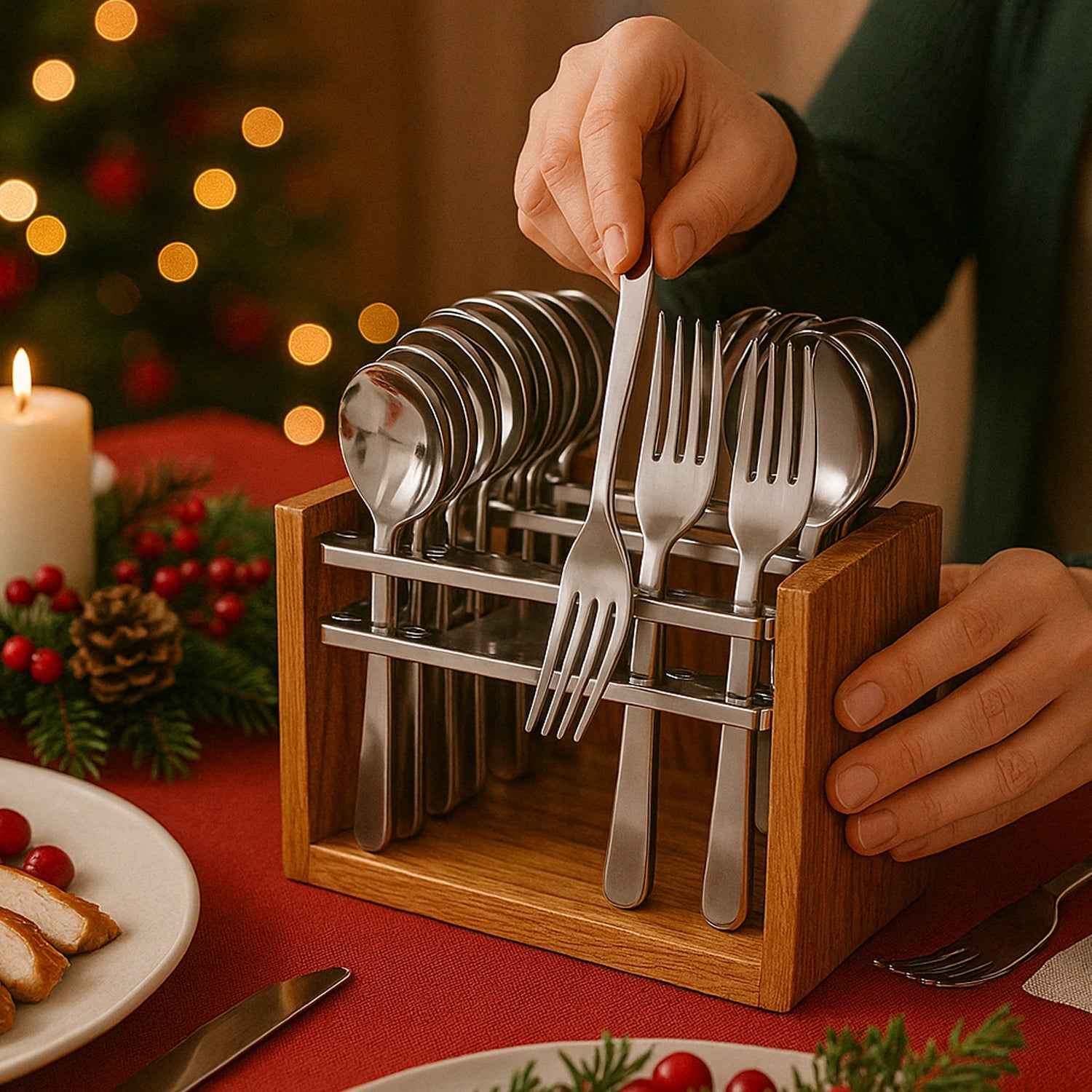 Stainless Steel Cutlery Set – Durable 24-Piece with Wooden Stand