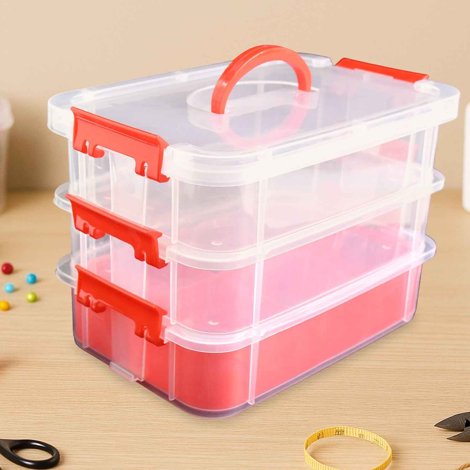 Transparent 3-Layer Storage Box with Handle and Lock Clips