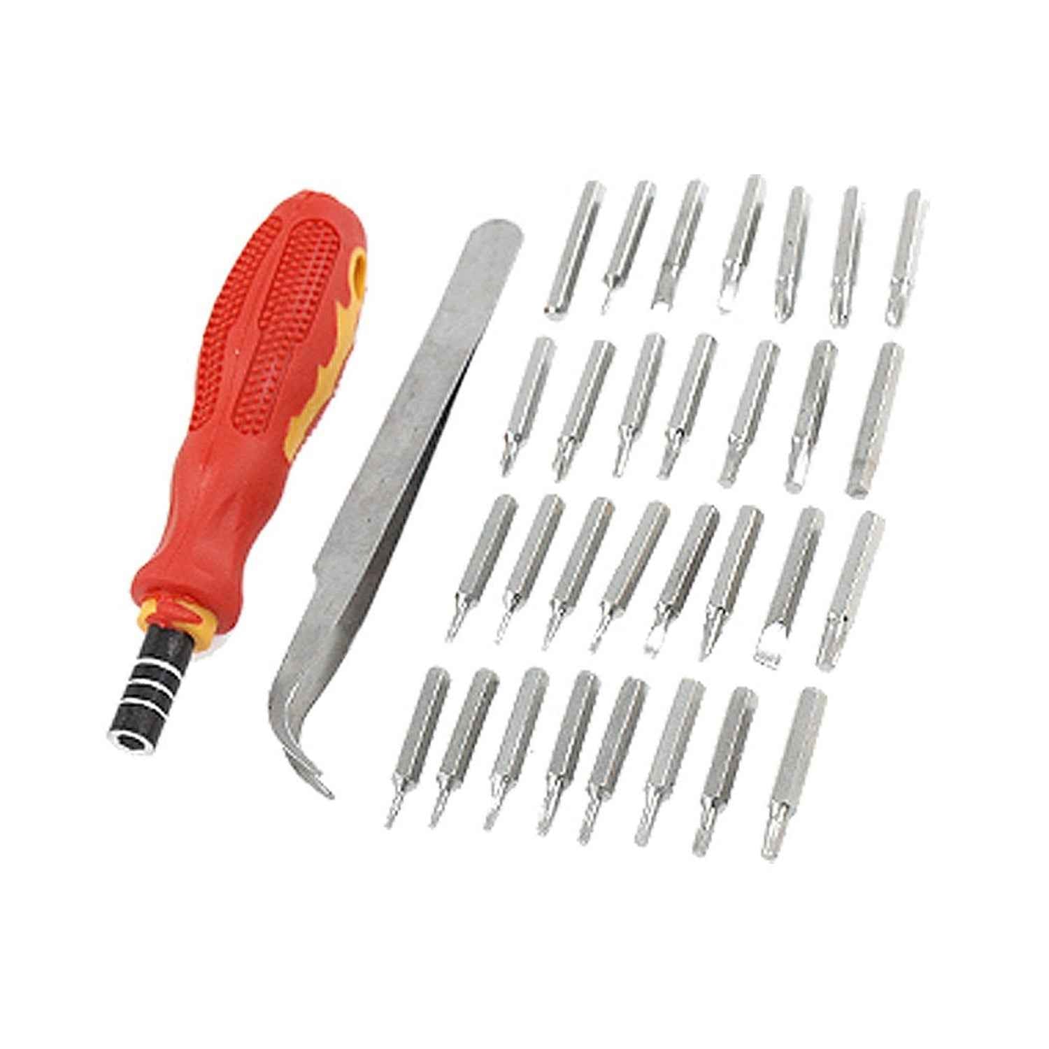 Magnetic screwdriver set components including driver, extension, and multiple precision bits.