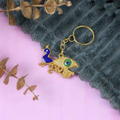 Krishna Peacock Keychain – Spiritual Golden Metal Charm