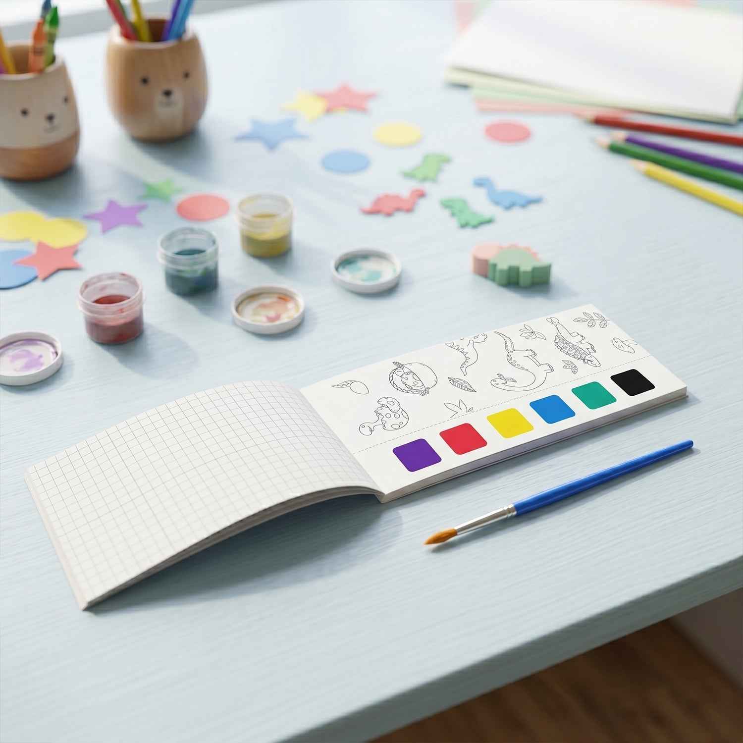 Kids Watercolour Painting Book Ð Dinosaur Theme & Brushes for Creativity