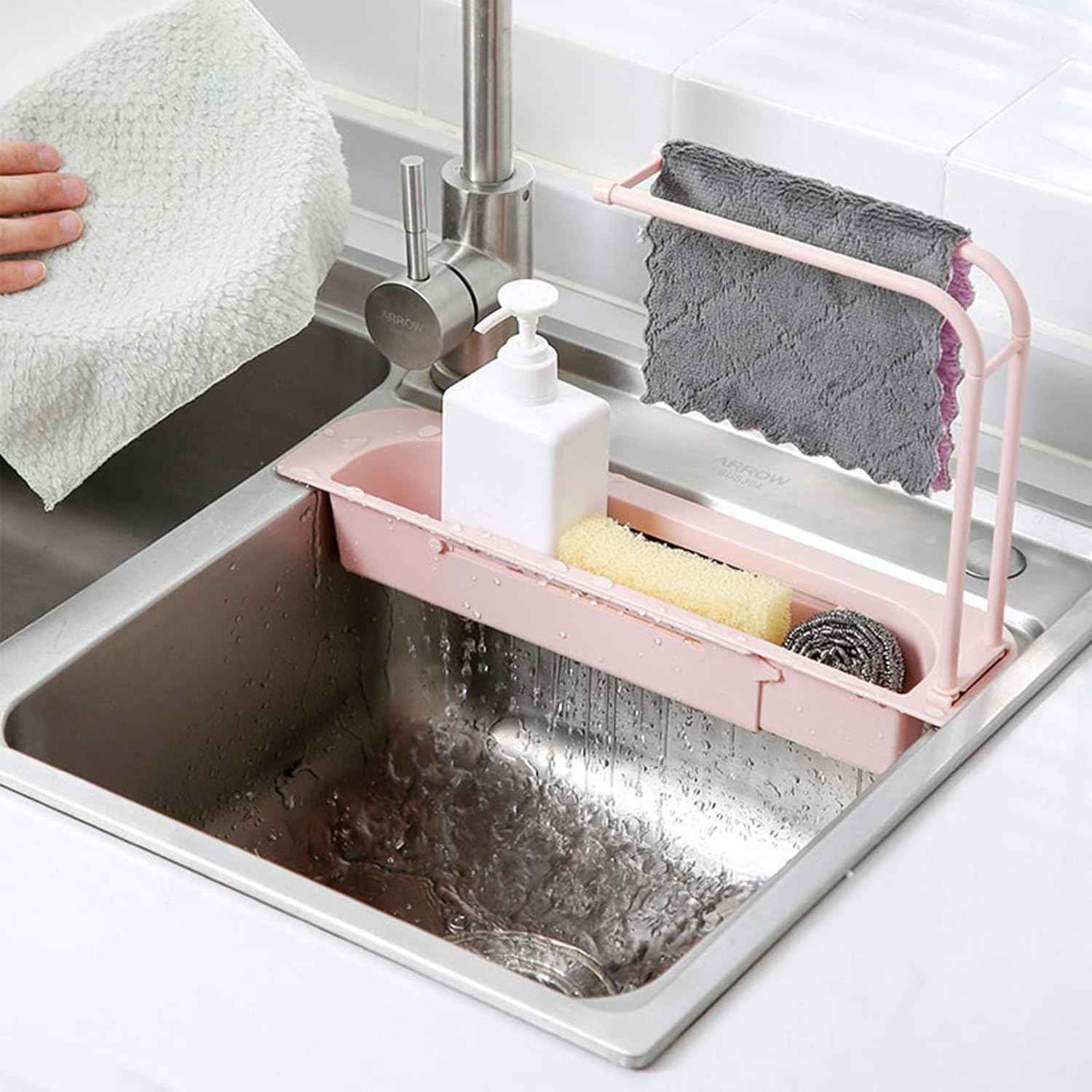 Kitchen Sink Organizer Rack with Towel Holder & Drain Tray