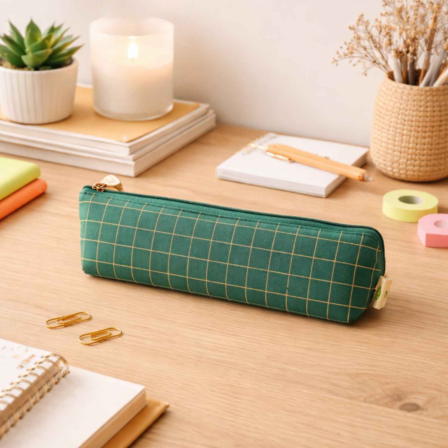 Green Grid Printed Pencil Pouch – Stylish & Compact Organizer