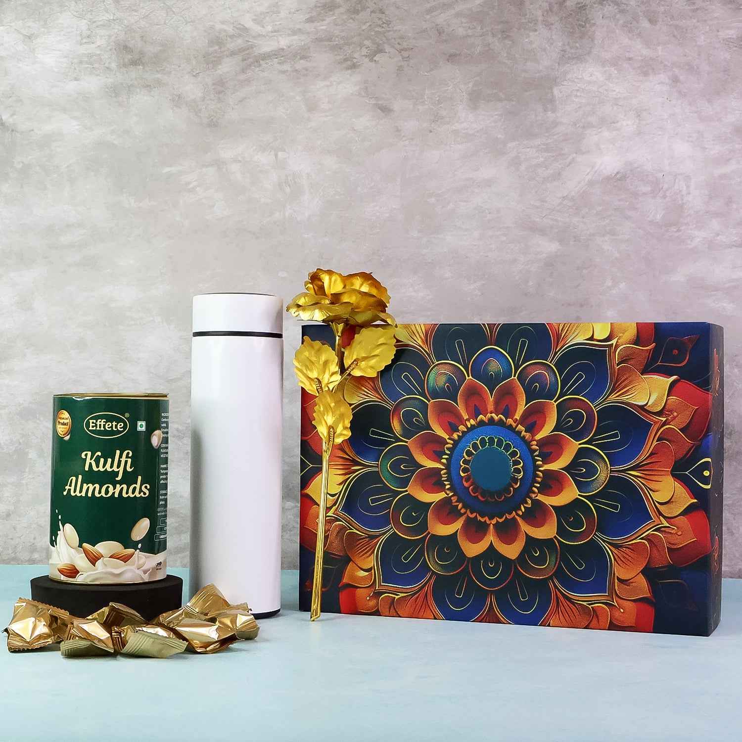 Kulfi Almonds Gift Hamper – Elegant Golden Rose & Stainless Steel Bottle