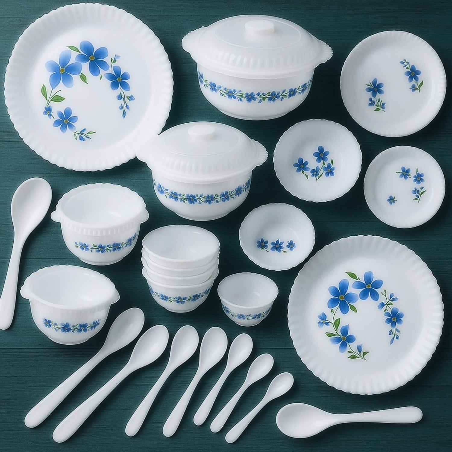 Plastic Dinner Set – Durable 36-Piece Blue Floral Design