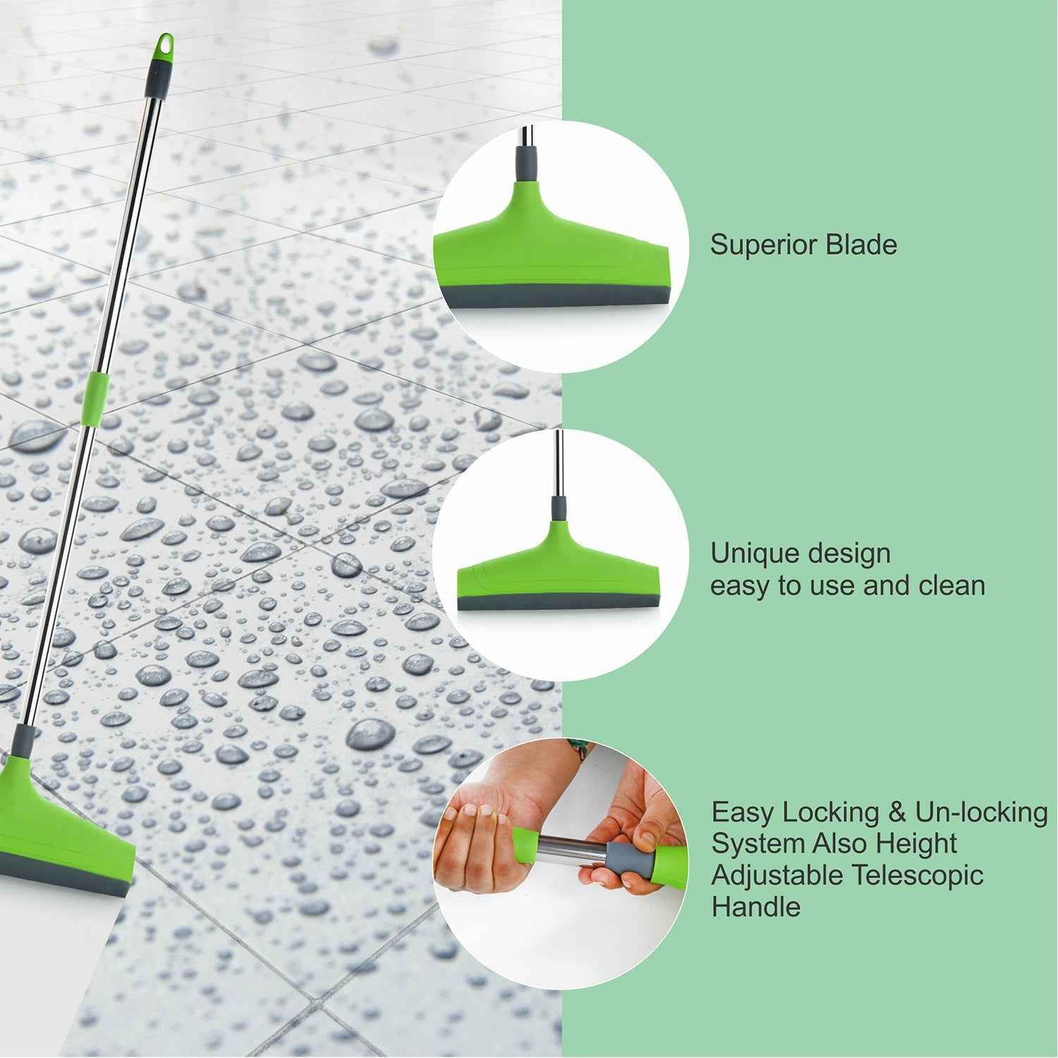 Multi-angle view of the adjustable floor wiper in action on a tiled floor.