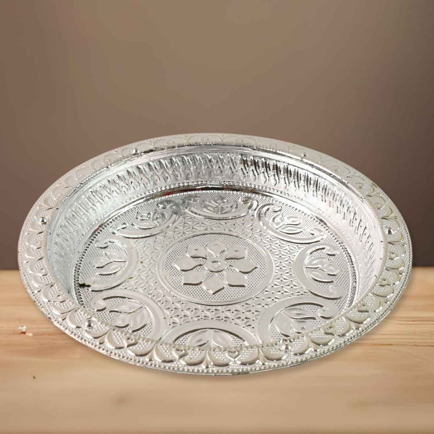 Silver Finish Plastic Pooja Thali – Lightweight & Durable